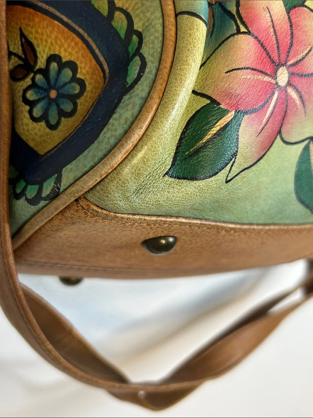 Anuschka Hand Painted Paisley Floral Theme Leather Satchel & Shoulder Strap